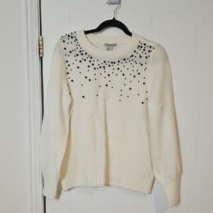 White Cream Sweater Womens Medium Wool Blend Pearl Detail H&M Warm